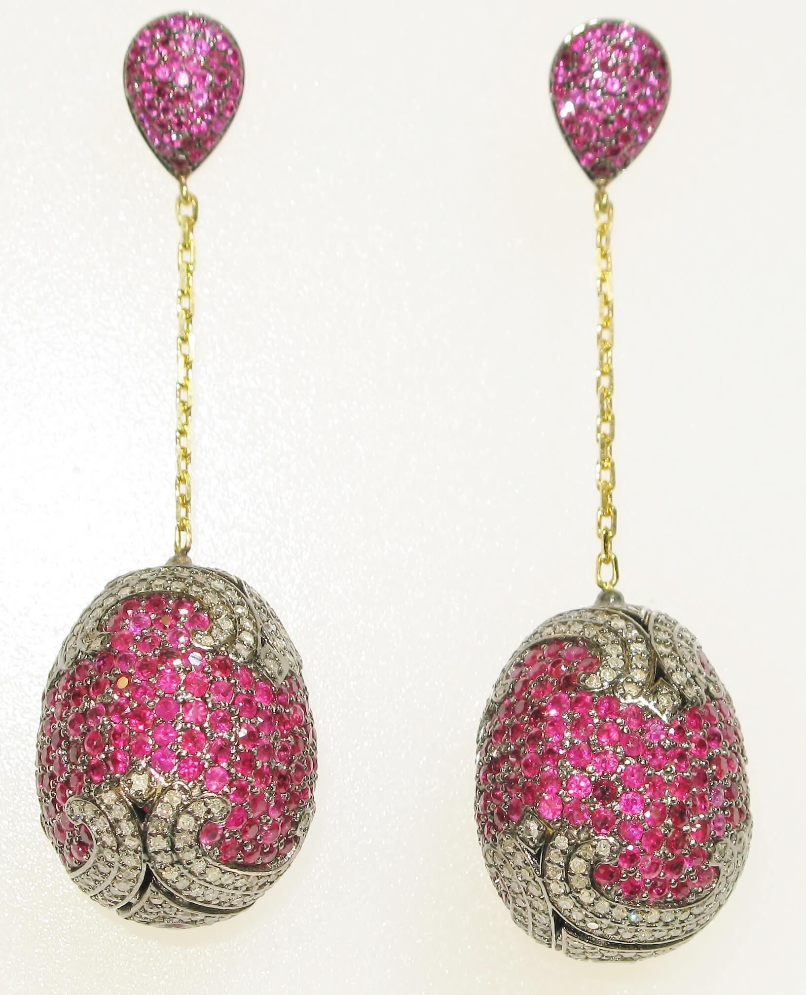 Ruby & Diamonds Pave Ball Dangle Earrings Made In 18k Gold & Silver In New Condition For Sale In New York, NY