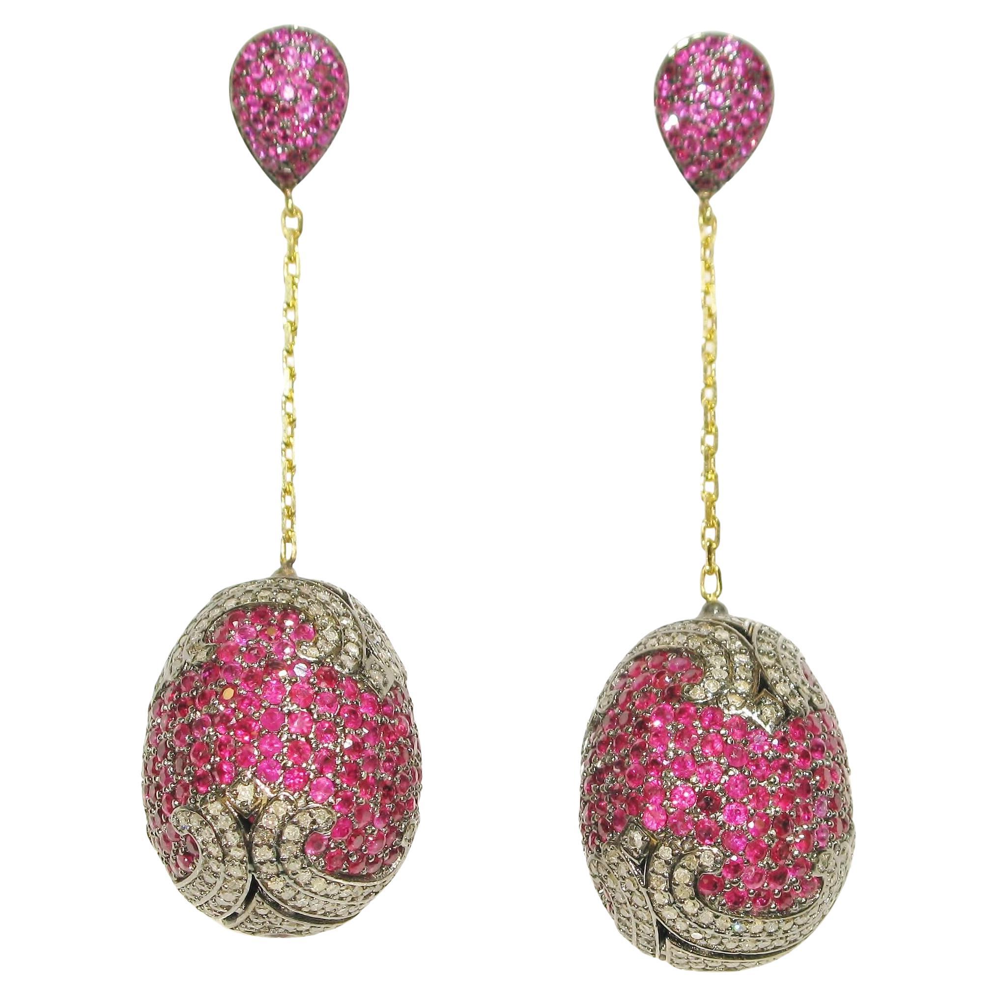 Ruby & Diamonds Pave Ball Dangle Earrings Made In 18k Gold & Silver For Sale