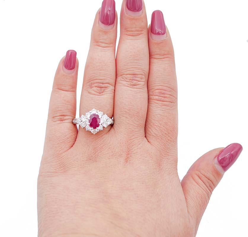 Mixed Cut Ruby, Diamonds, Platinum Ring For Sale