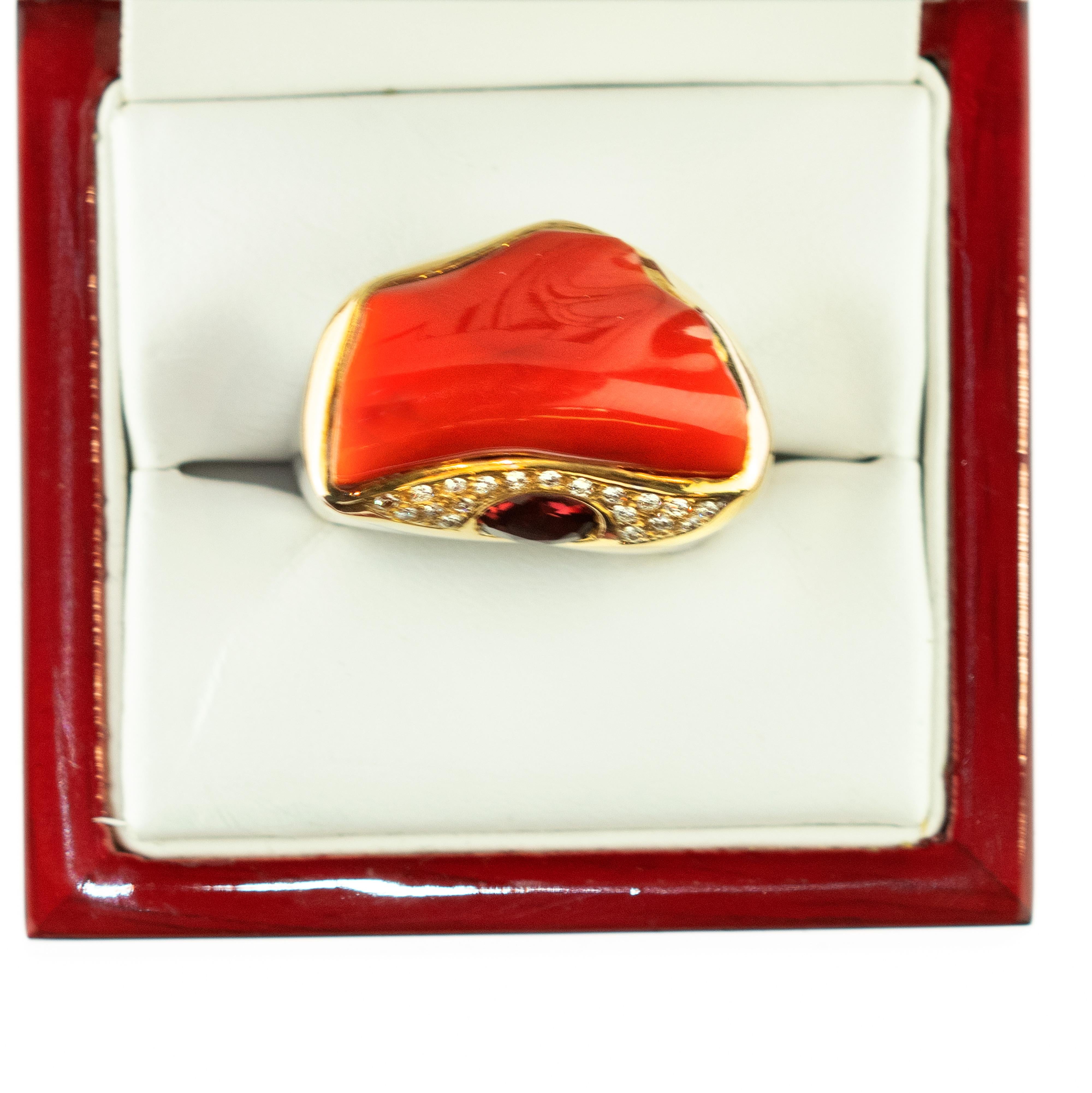 Garnet Diamond Red Coral Yellow White 18 Karat Gold Cocktail Craft Vintage Ring For Sale 4