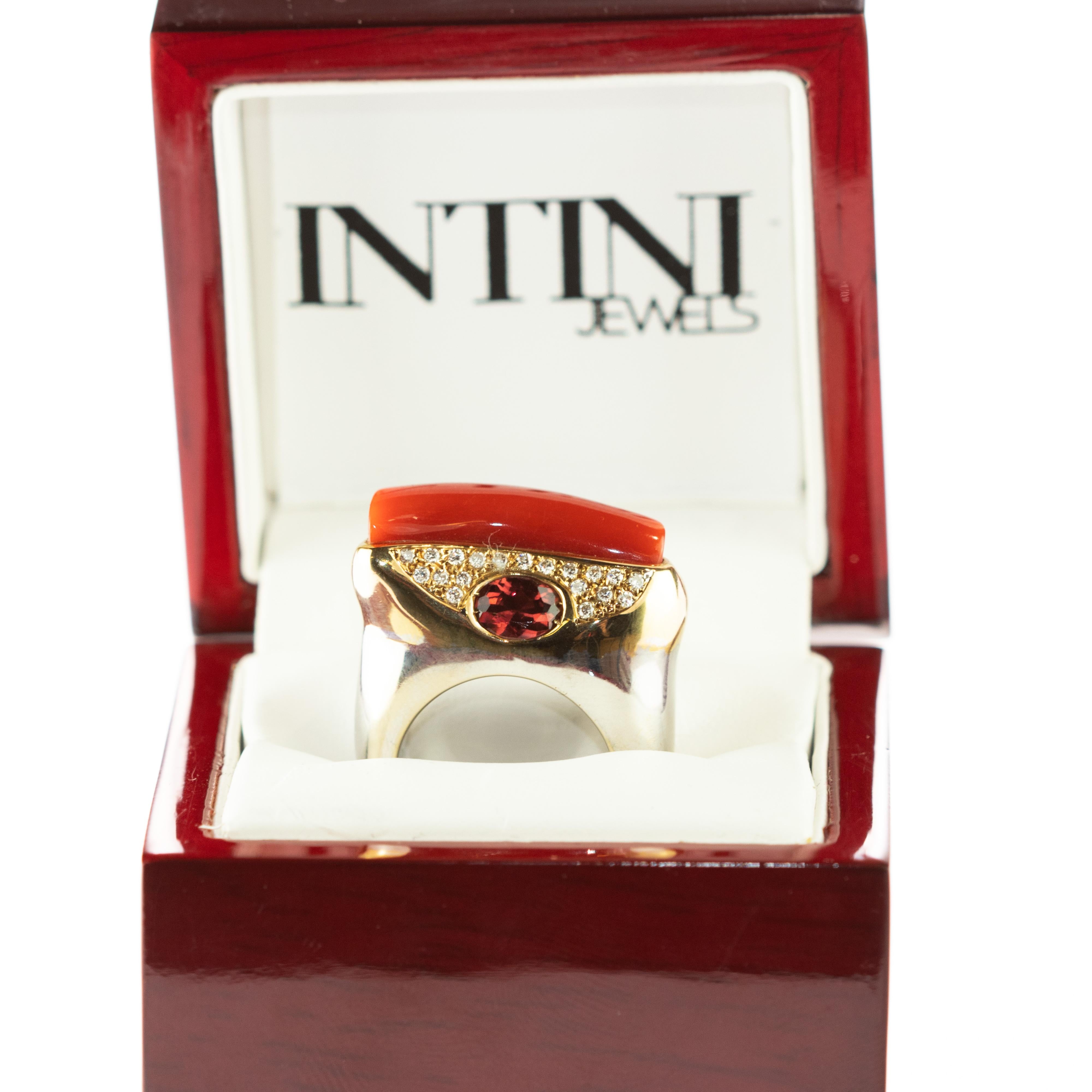 Mixed Cut Garnet Diamond Red Coral Yellow White 18 Karat Gold Cocktail Craft Vintage Ring For Sale