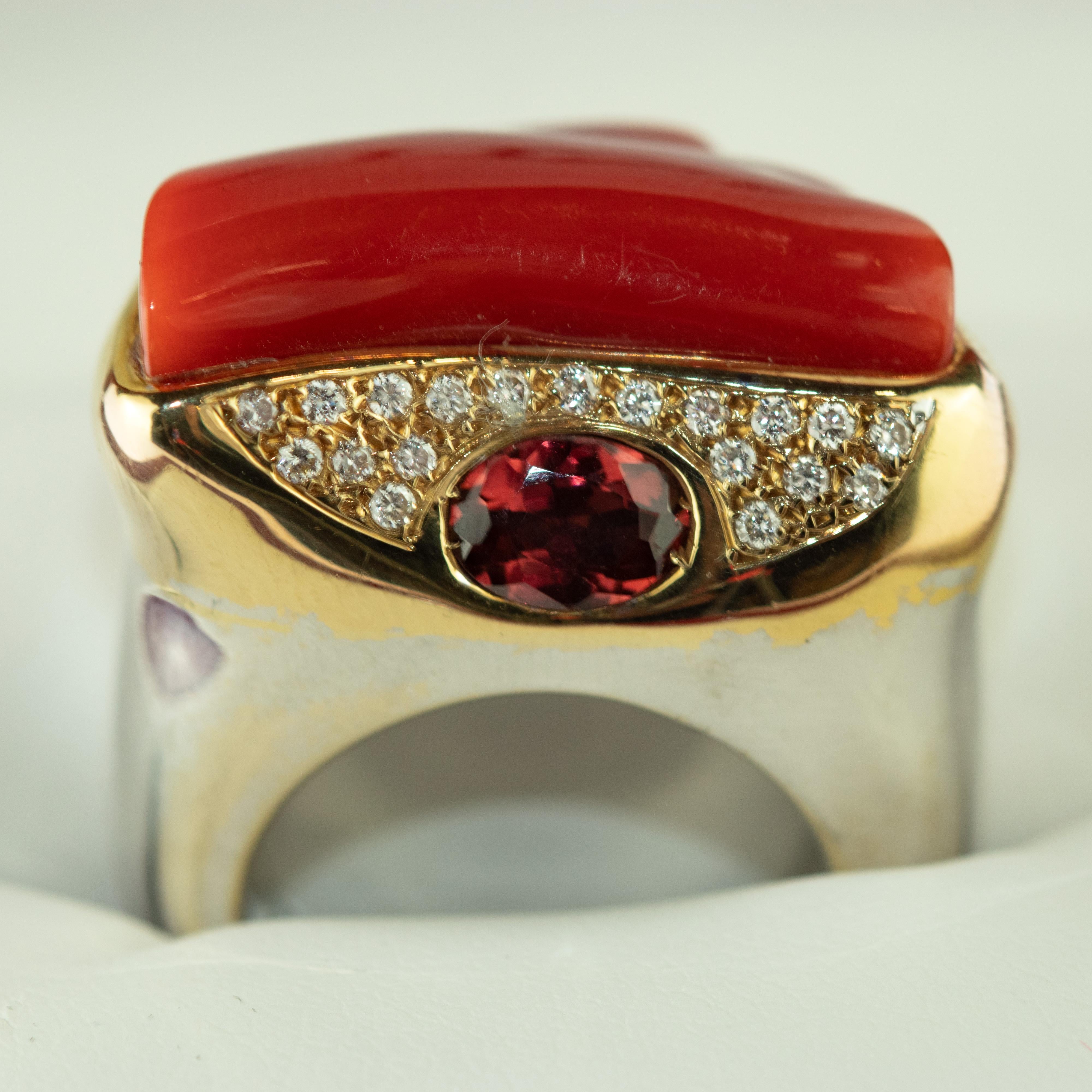 Garnet Diamond Red Coral Yellow White 18 Karat Gold Cocktail Craft Vintage Ring In New Condition For Sale In Milano, IT