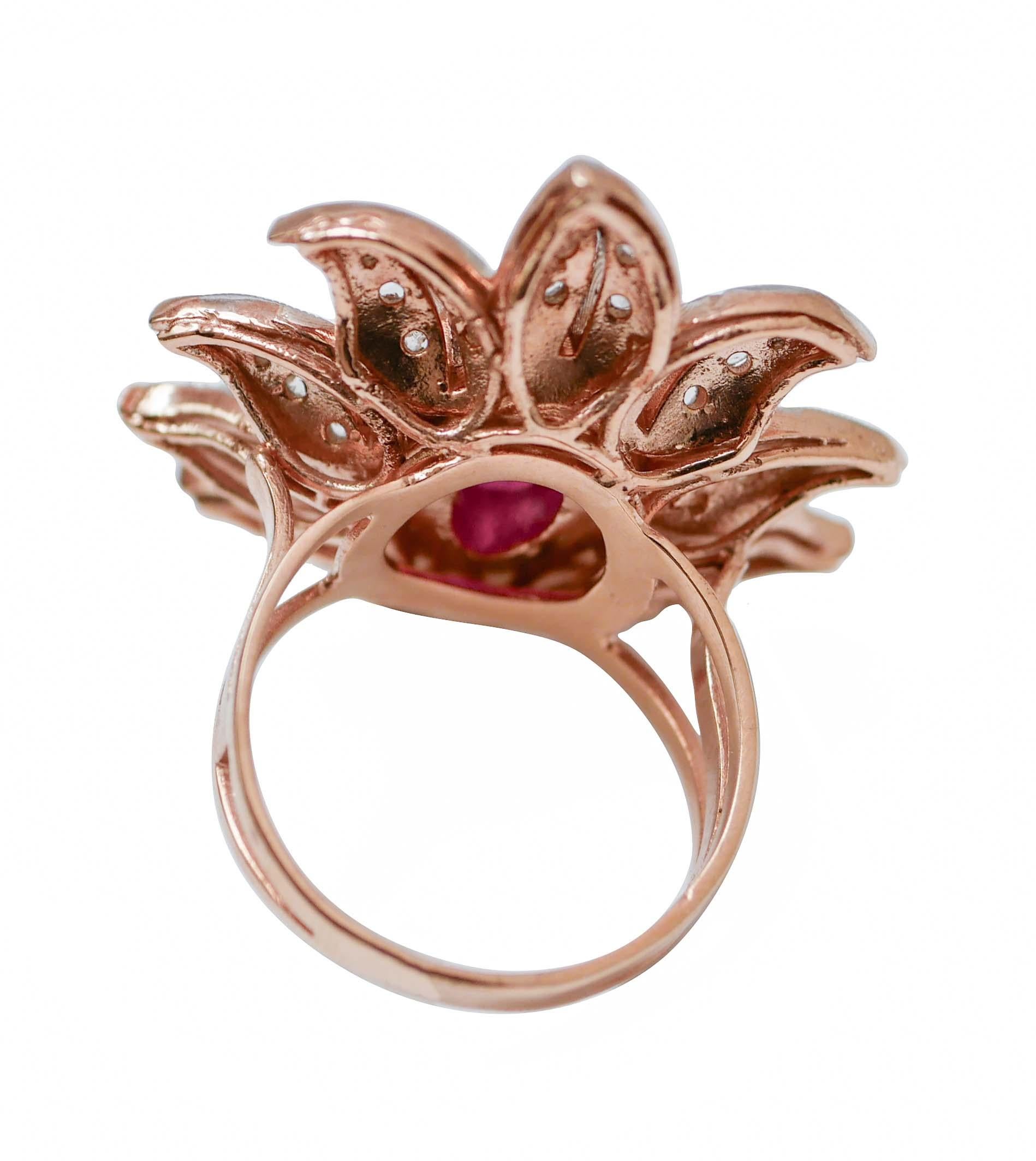Retro Ruby, Diamonds, Rose Gold and Silver Flower Ring. For Sale