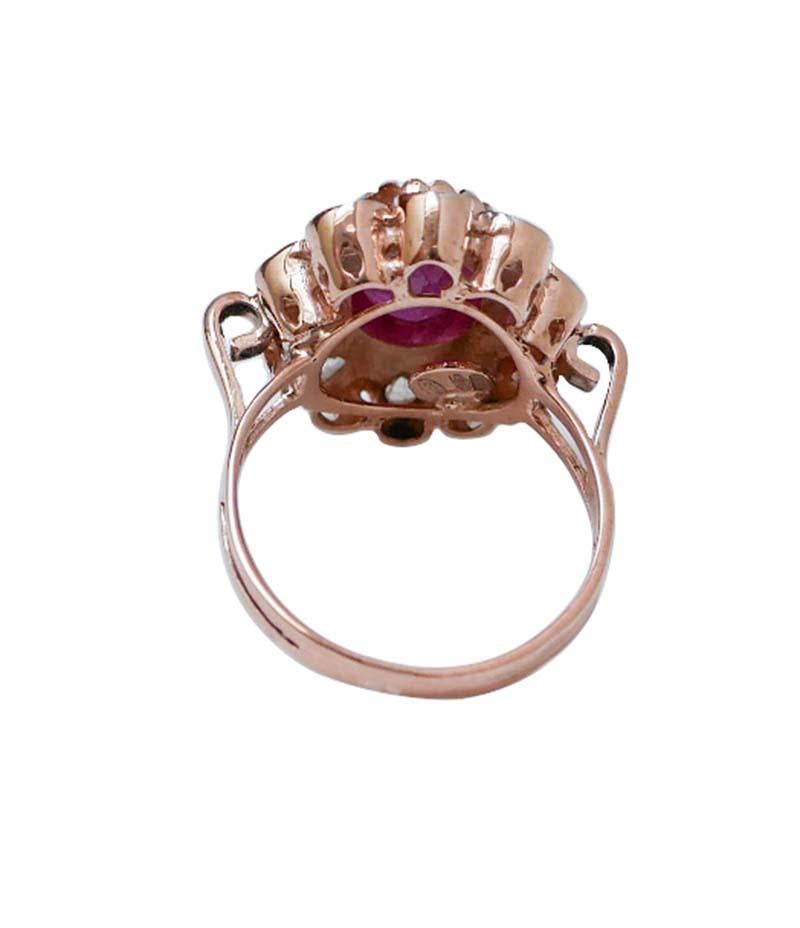 Retro Ruby, Diamonds, Rose Gold and Silver Flower Ring.