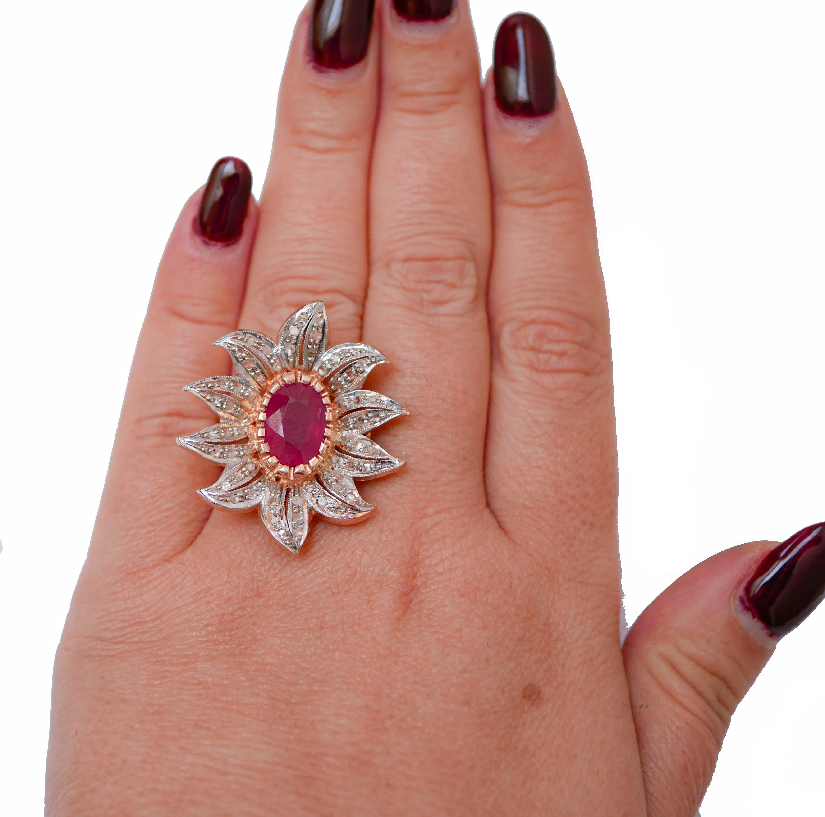 Mixed Cut Ruby, Diamonds, Rose Gold and Silver Flower Ring. For Sale