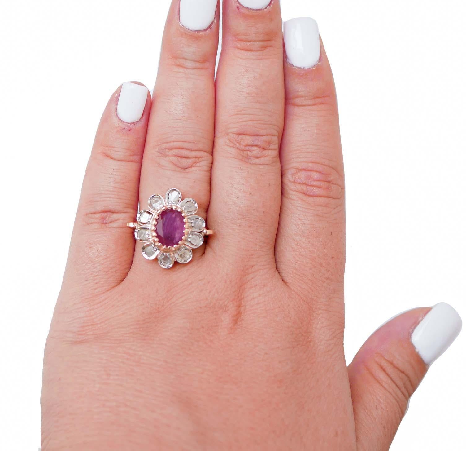 Mixed Cut Ruby, Diamonds, Rose Gold and Silver Flower Ring.
