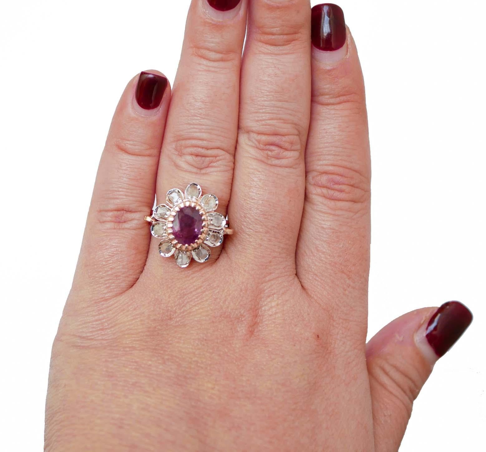 Mixed Cut Ruby, Diamonds, Rose Gold and Silver Flower Ring.