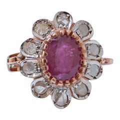 Ruby, Diamonds, Rose Gold and Silver Flower Ring.