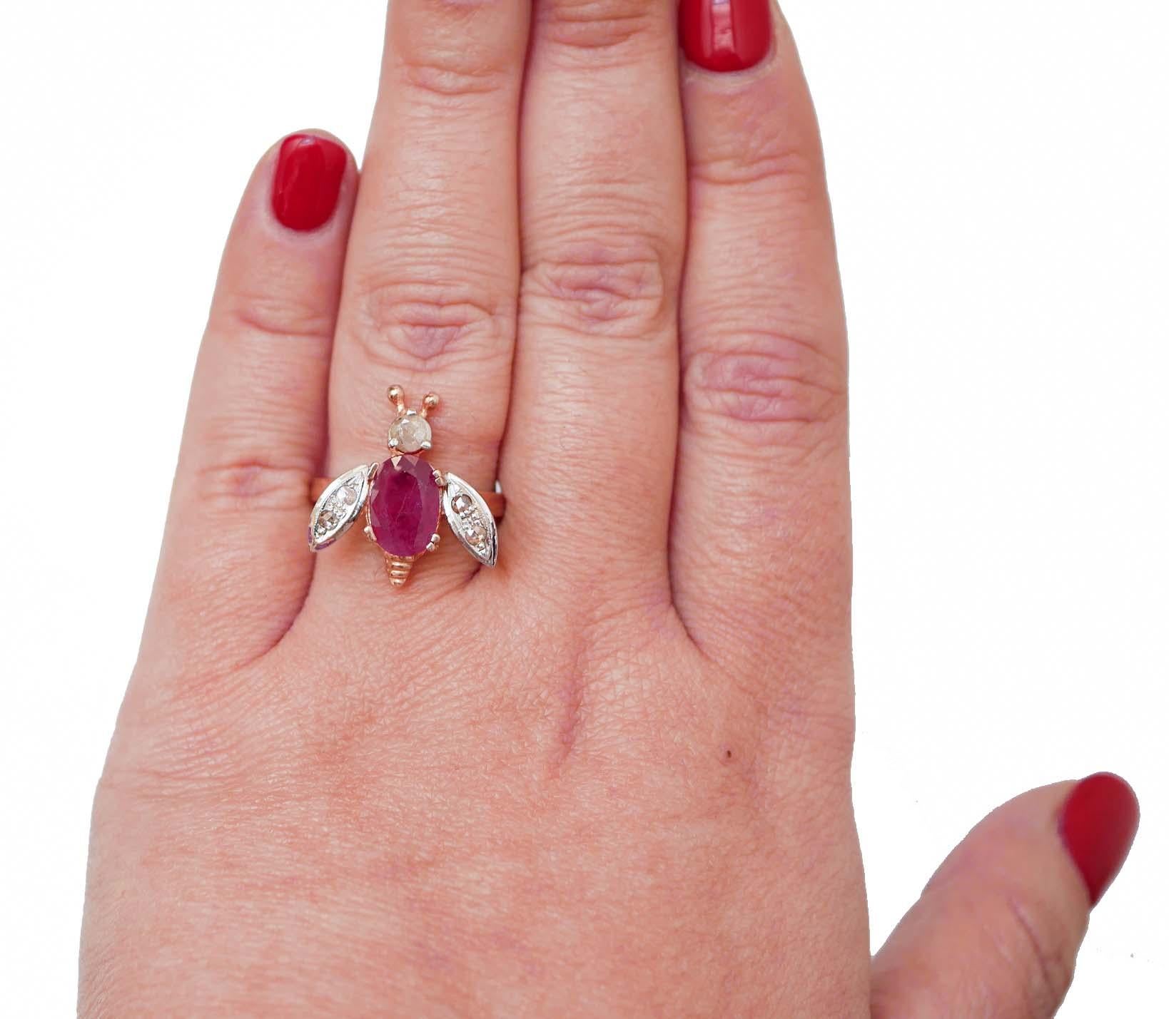 Mixed Cut Ruby, Diamonds, Rose Gold and Silver Fly Ring. For Sale