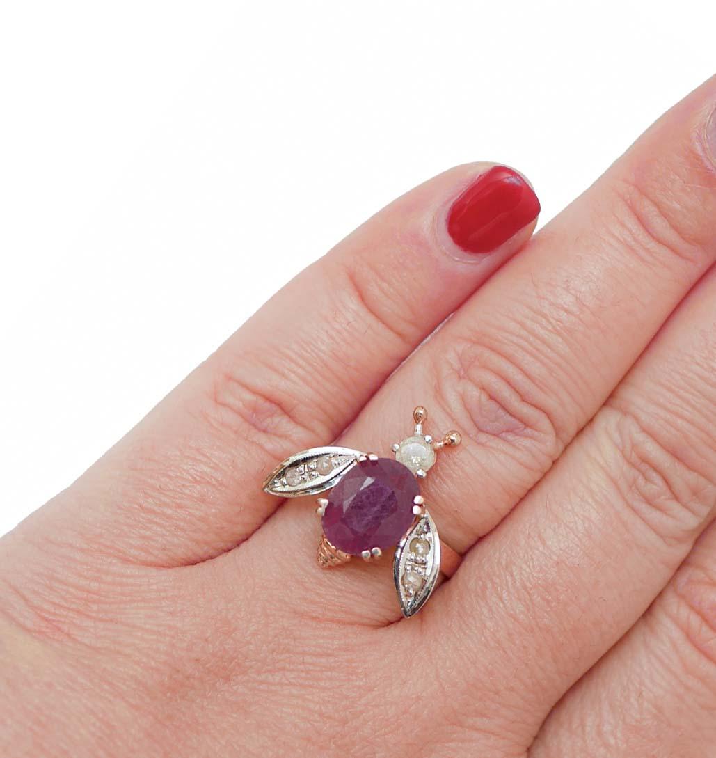 Anillo Mosca de Rubí, Diamantes, Oro Rosa y Plata. en Bueno Estado en Marcianise, Marcianise (CE)