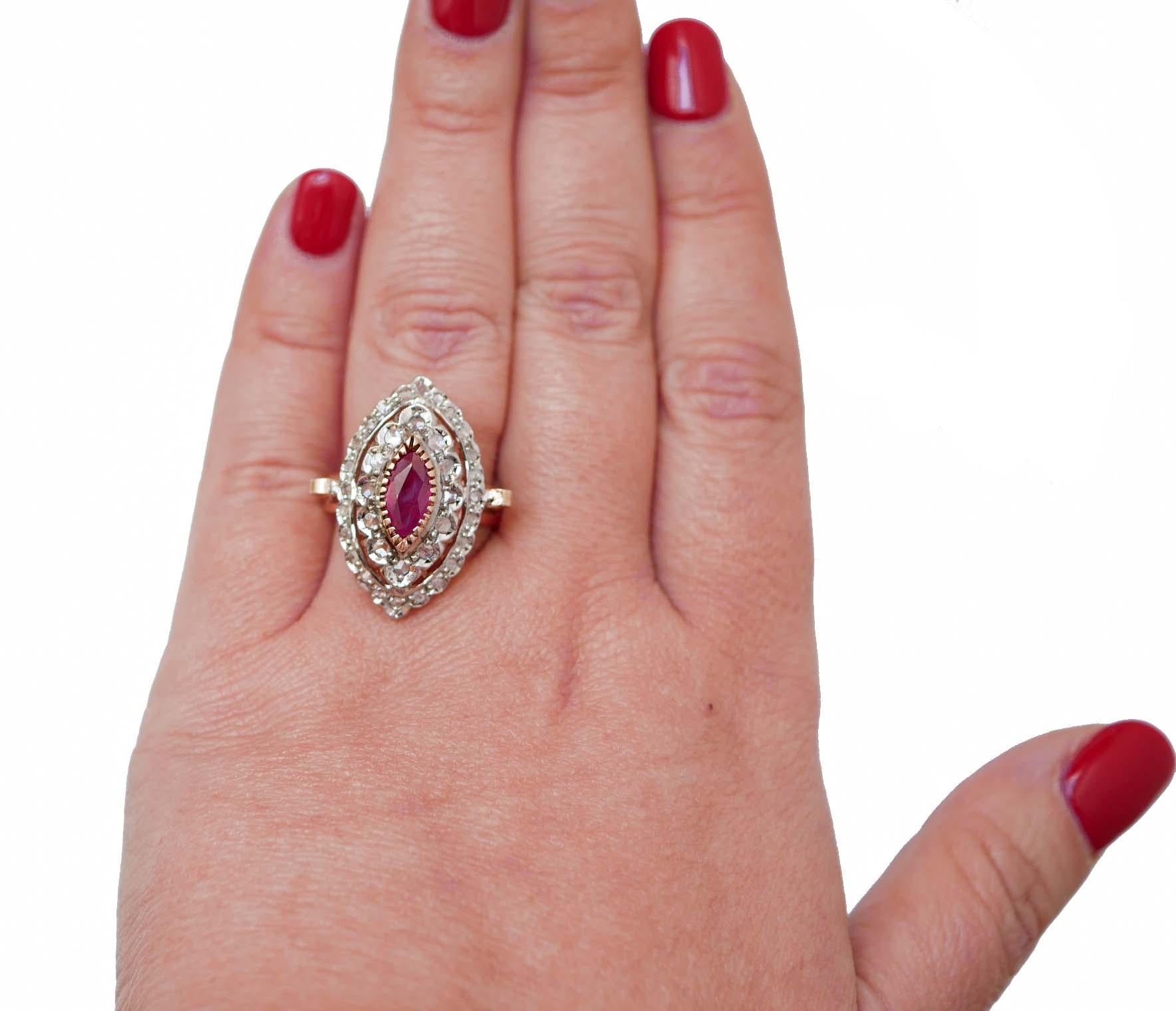 Mixed Cut Ruby, Diamonds, Rose Gold and Silver Ring.