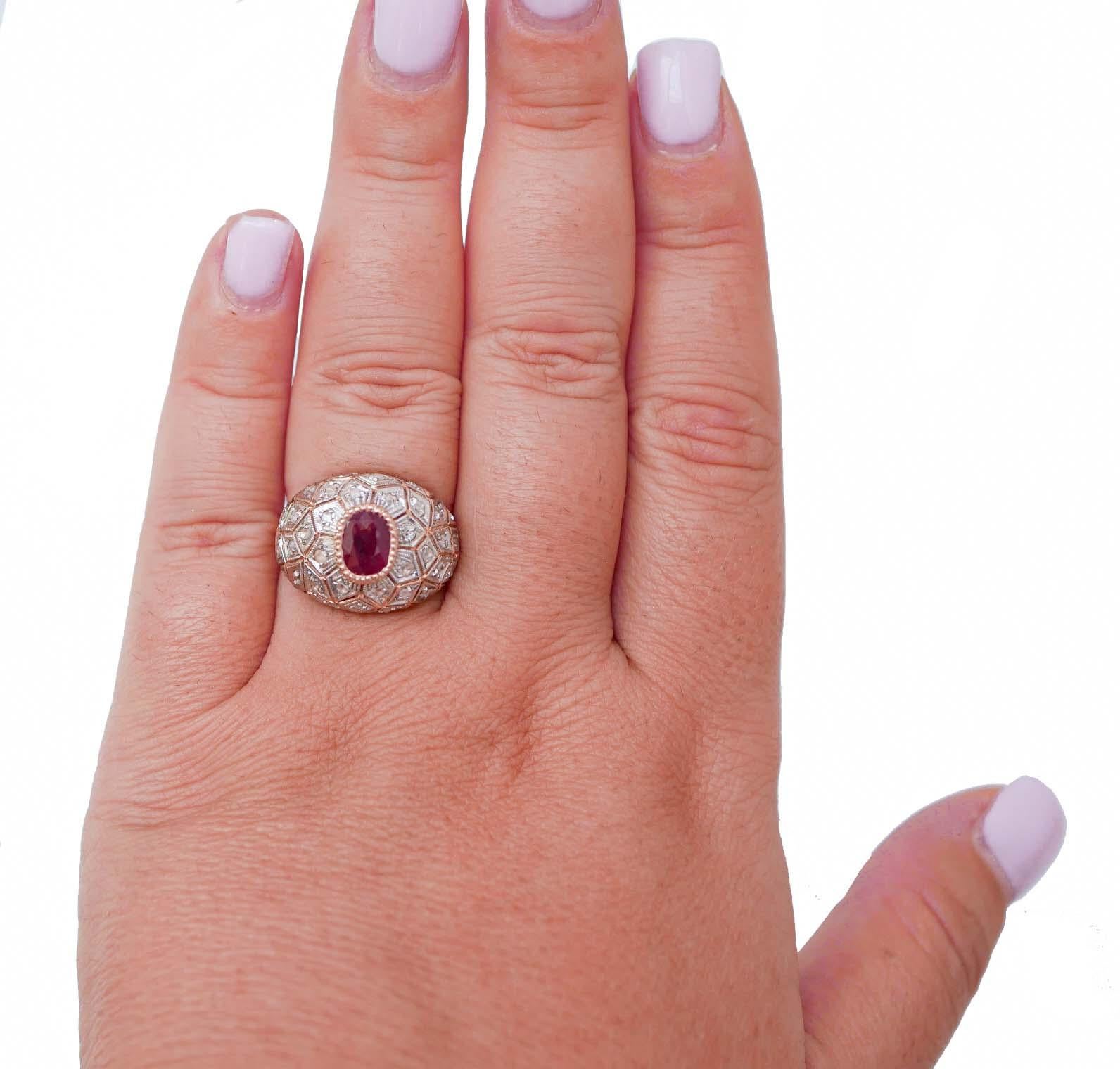 Taglio misto Anello con rubino, diamanti, oro rosa e argento. in vendita