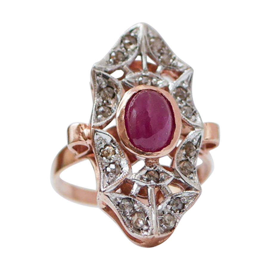 Bague en rubis, diamants, or rose et argent. en vente
