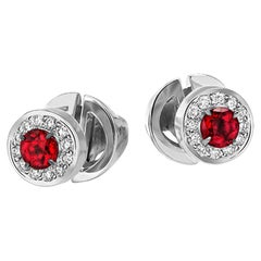 Ruby Diamonds White Gold Stud Earrings Unheated Round Cut Gems Fiery Red Unisex