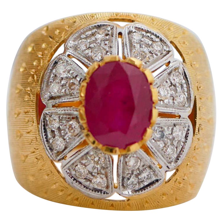Ruby, Diamonds, Yellow Gold and White Gold Ring. For Sale