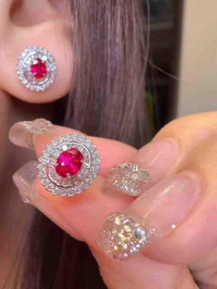 Ruby Double Halo Diamond Stud Earrings 18K White Gold 0.40ct Ruby