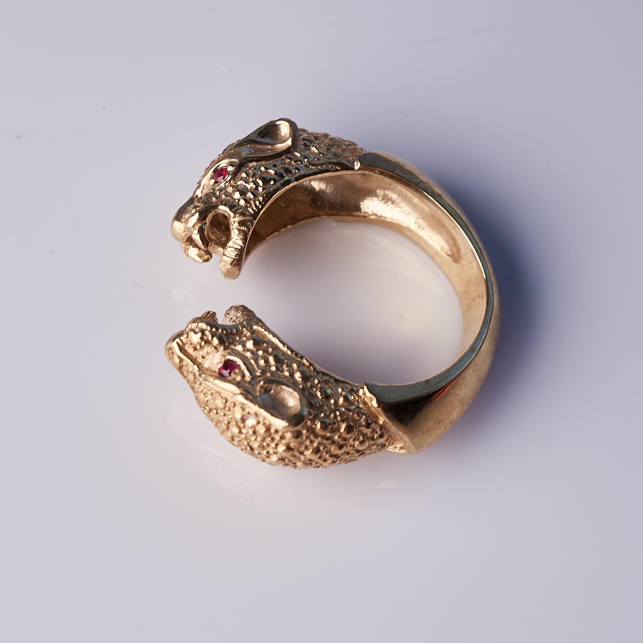 Ruby Double Head Jaguar Ring Open Animal Bronze J Dauphin For Sale 4