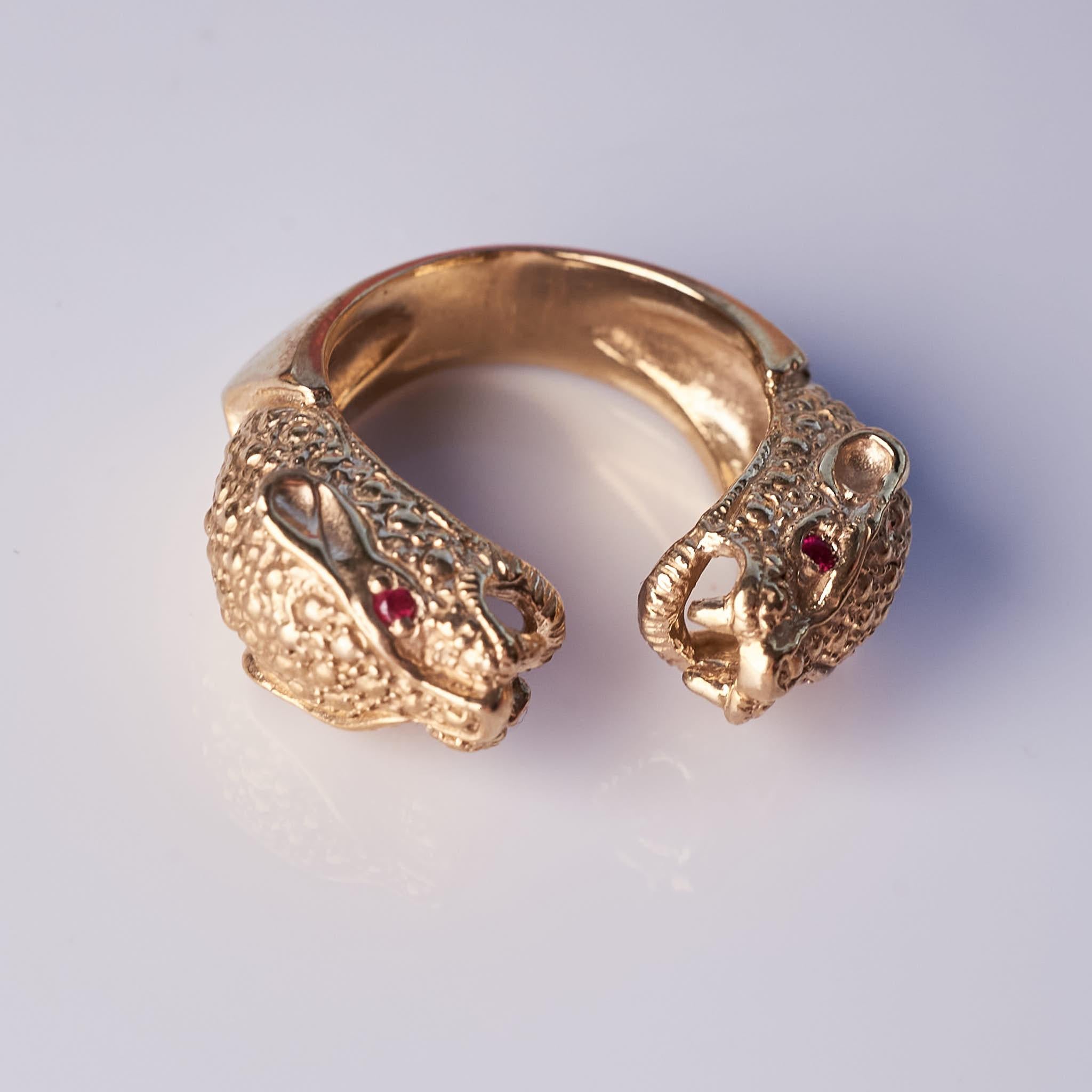 Ruby Double Head Jaguar Ring Open Animal Bronze J Dauphin In New Condition For Sale In Los Angeles, CA