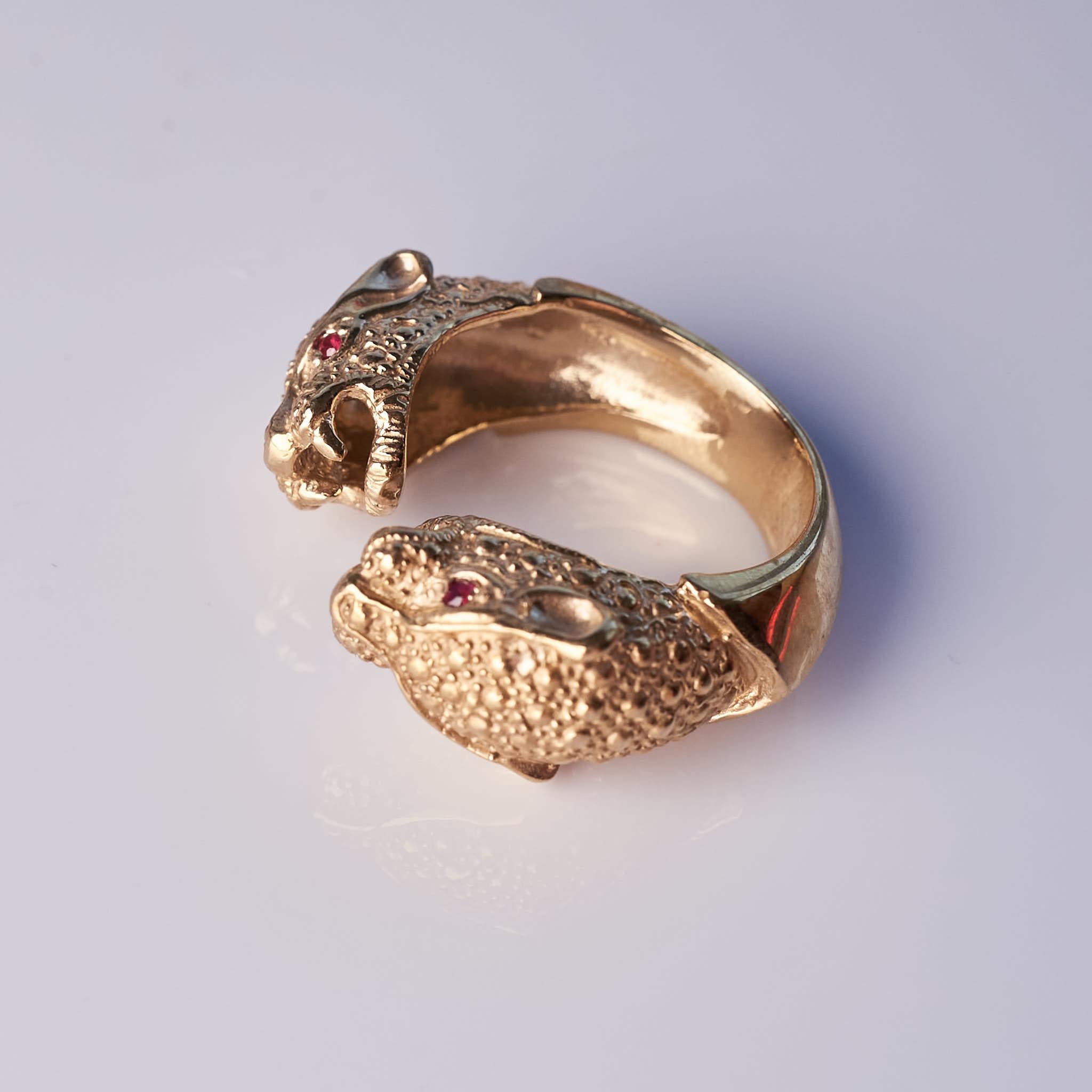 Ruby Double Head Jaguar Ring Open Animal Bronze J Dauphin For Sale 2
