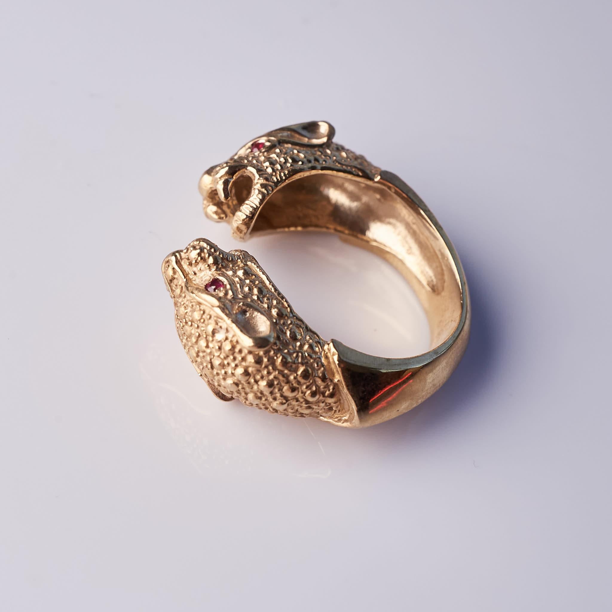Ruby Double Head Jaguar Ring Open Animal Bronze J Dauphin For Sale 3