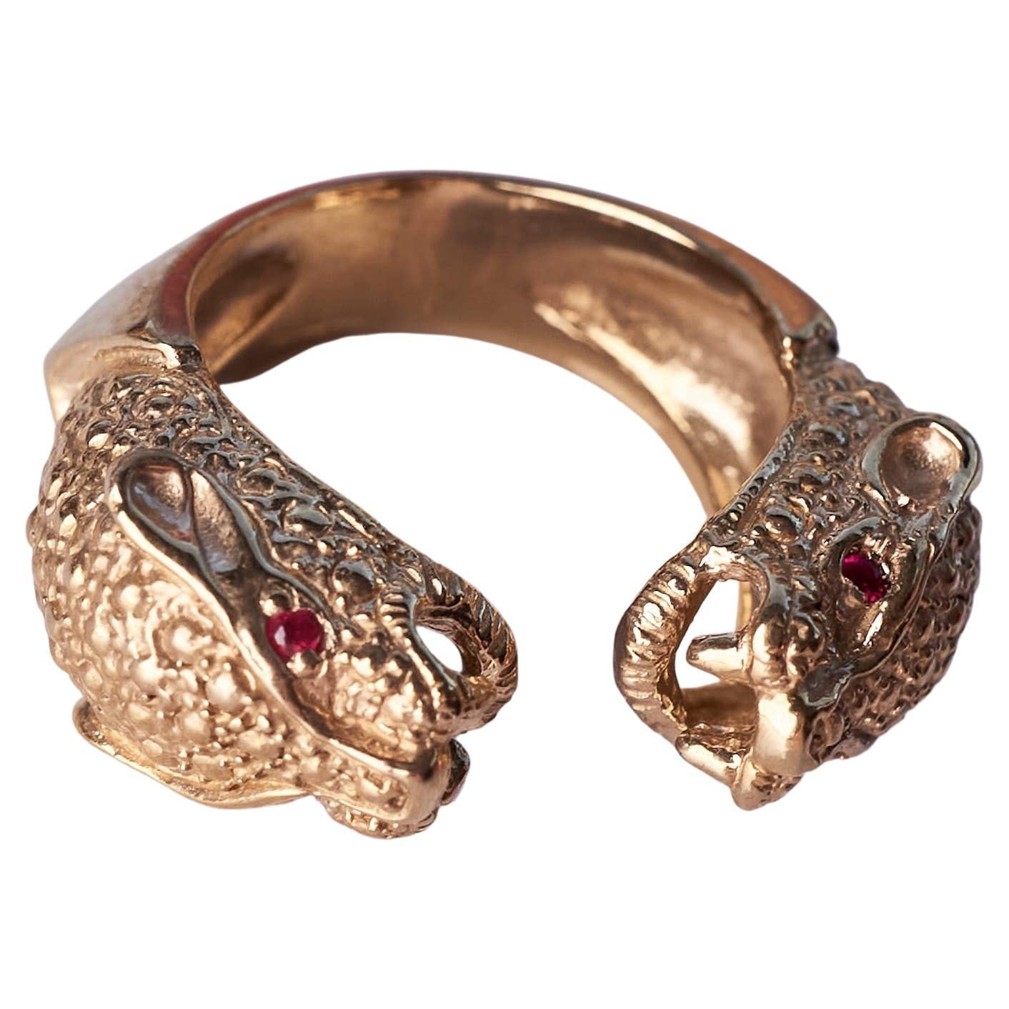Ruby Double Head Jaguar Ring Open Animal Bronze J Dauphin For Sale