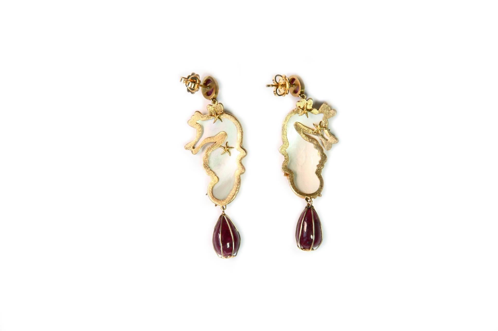Artist Ruby Drop Carved Mother of Pearl Tourmaline 18 Karat Gold Sea Horses Earrings For Sale