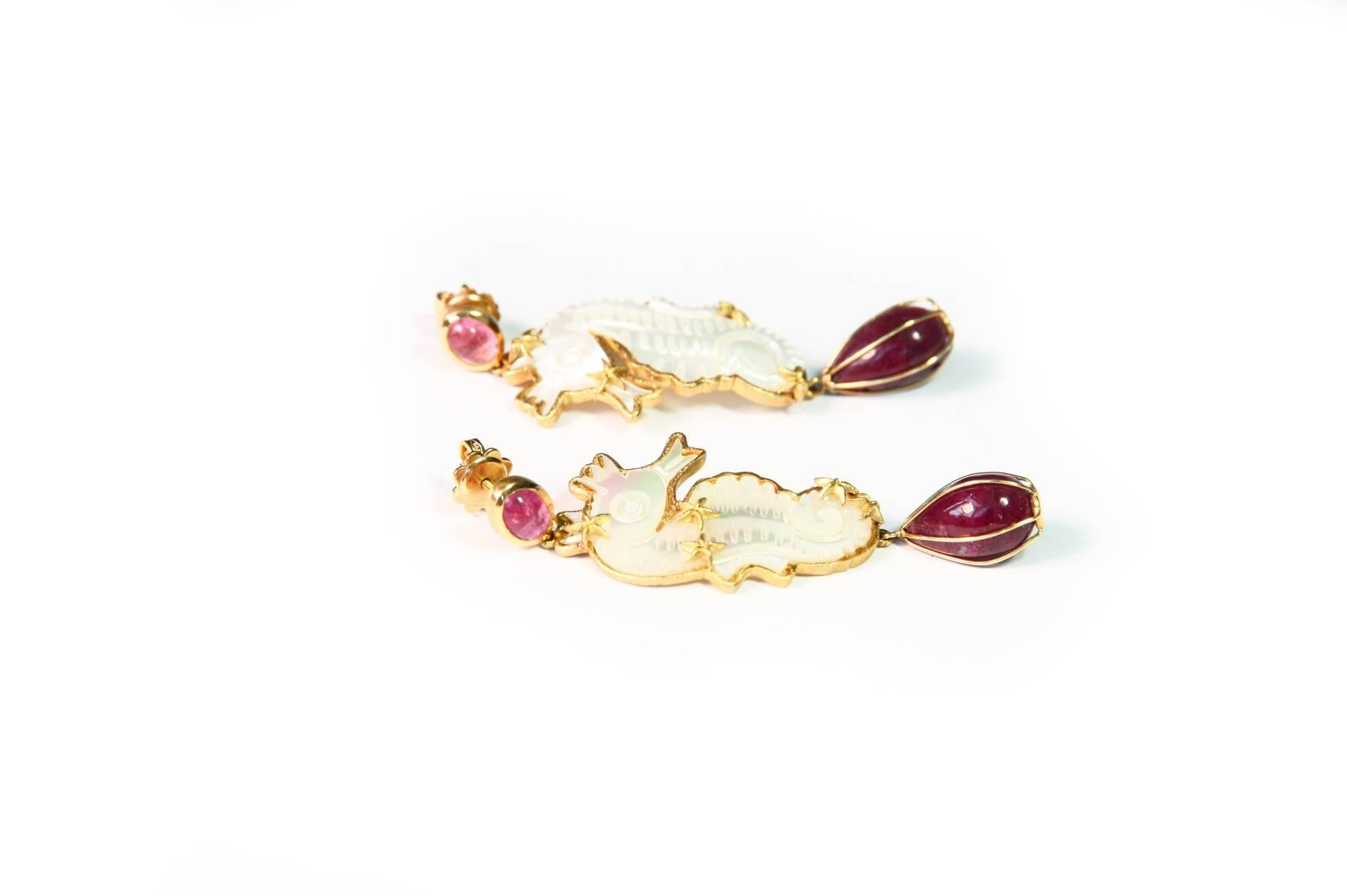 Women's Ruby Drop Carved Mother of Pearl Tourmaline 18 Karat Gold Sea Horses Earrings For Sale