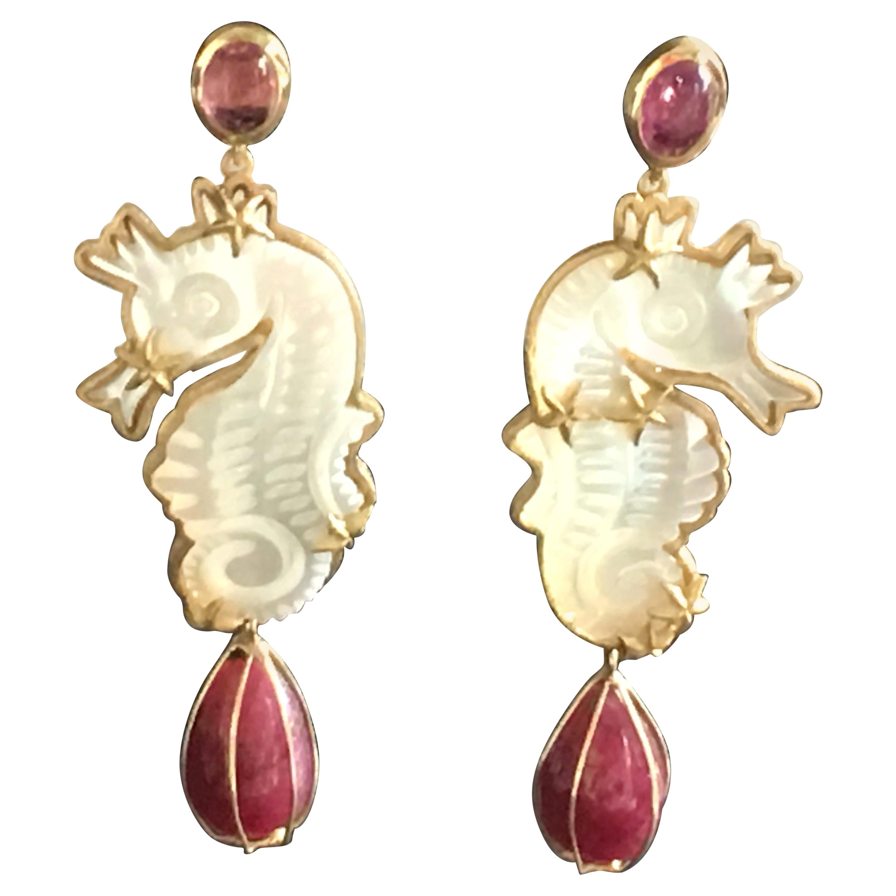 Ruby Drop Carved Mother of Pearl Tourmaline 18 Karat Gold Sea Horses Earrings For Sale