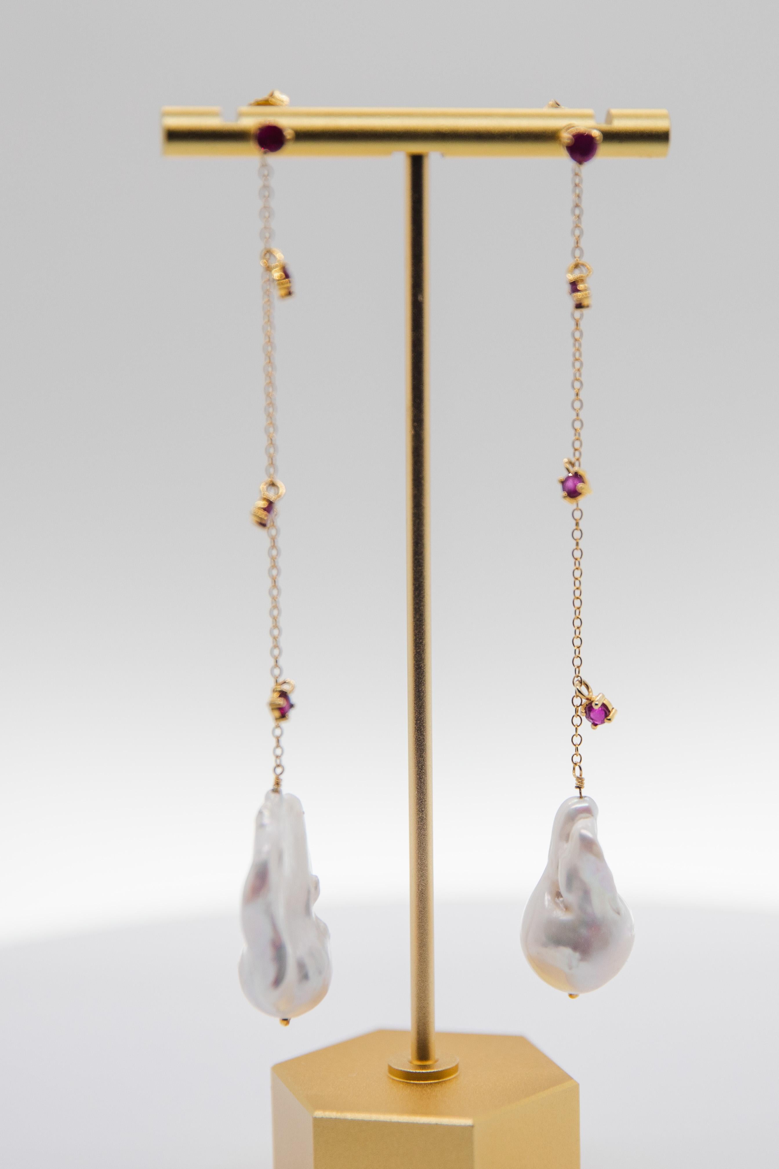 Women's or Men's Ruby Drop Earring with Baroque Pearl For Sale