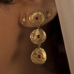 Ruby Drop Earrings 18k Yellow Gold Disc Earrings with 3 Ruby Stones