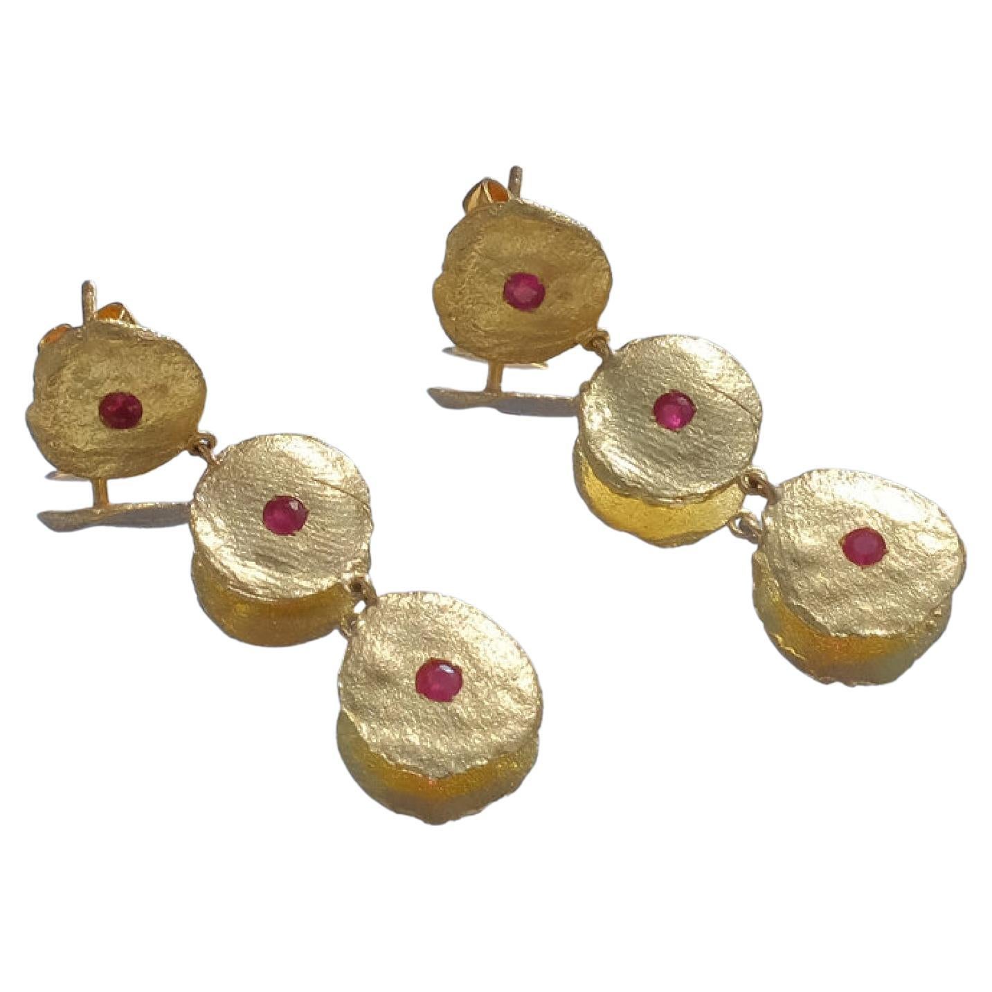Ruby Drop Earrings 18k Yellow Gold Disc Earrings with 3 Ruby Stones