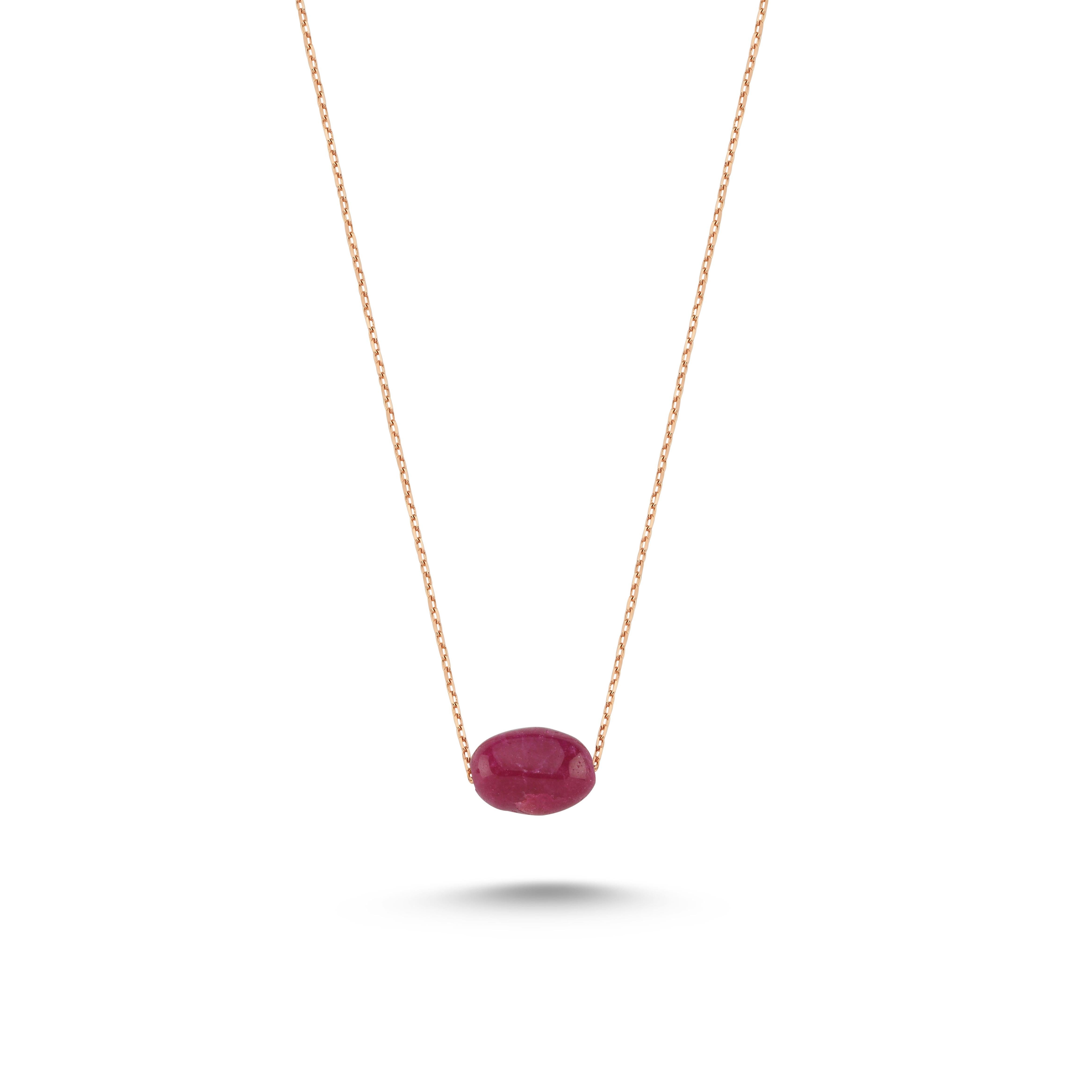 This is a 14K Gold Necklace with natural ruby stone. Rose Gold is an another available option. Please contact us about which one you prefer.