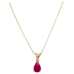 Ruby Drop Pendant, Yellow Gold with Diamond w Gold Chain, Delicate Ruby Necklace