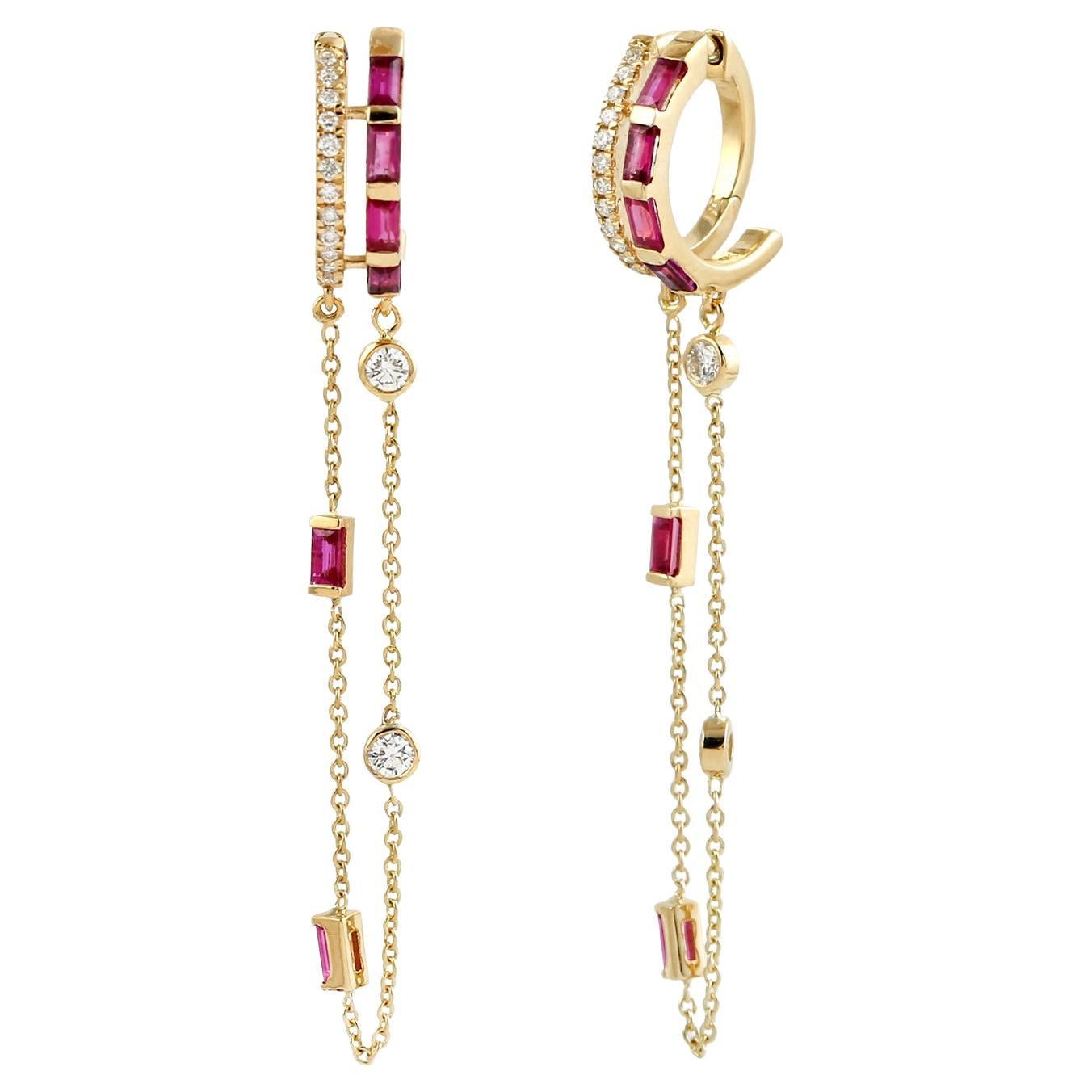 Ruby Ear Thread Chain Earrings With Diamonds Made In 18k Yellow Gold