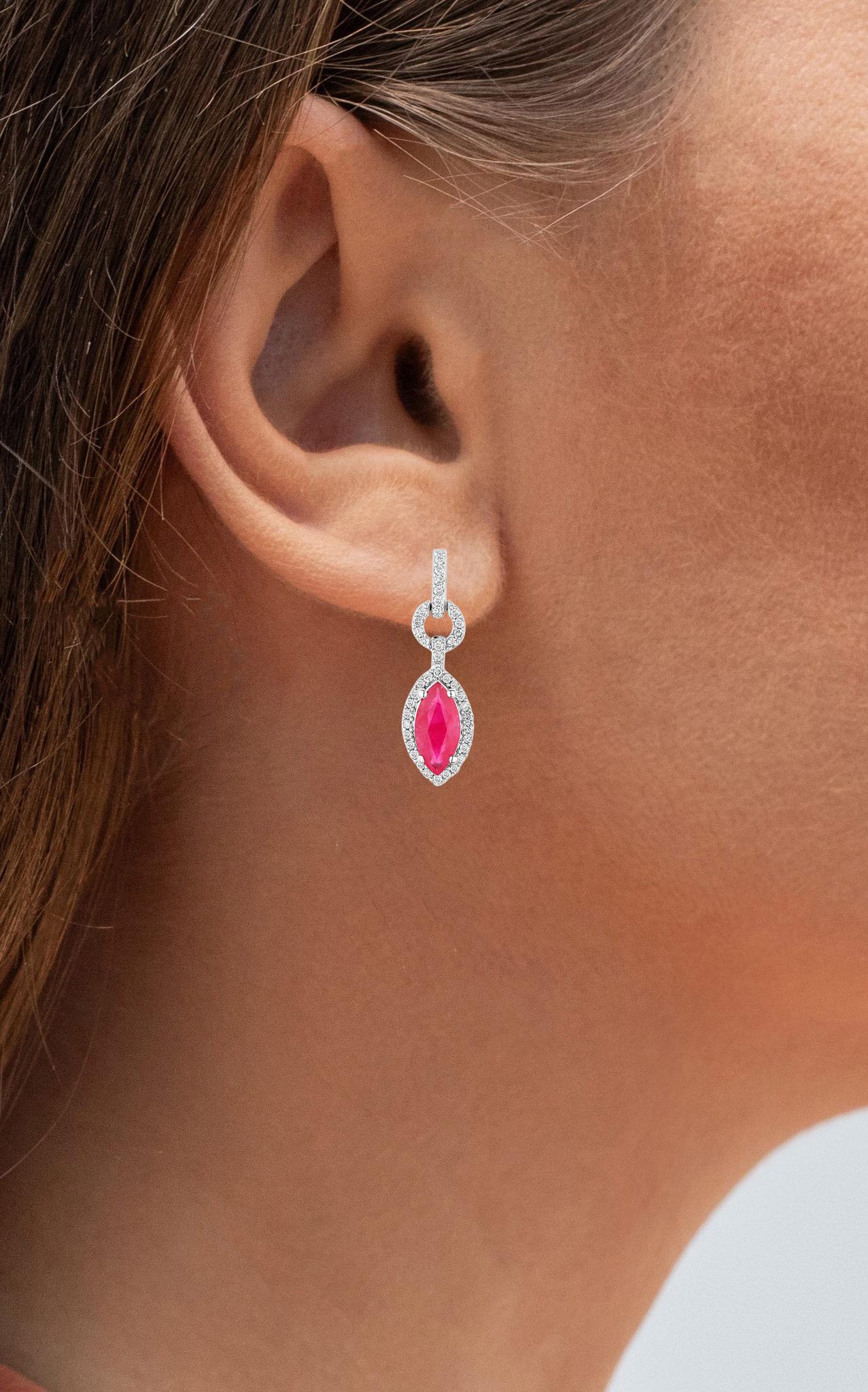 Taglio marquise Ruby Earrings Diamonds 1.2 Carats 14K White Gold in vendita