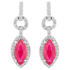 Ruby Earrings Diamonds 1.2 Carats 14K White Gold