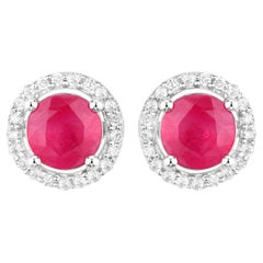 Ruby Earrings Diamonds 1.2 Carats 14K White Gold