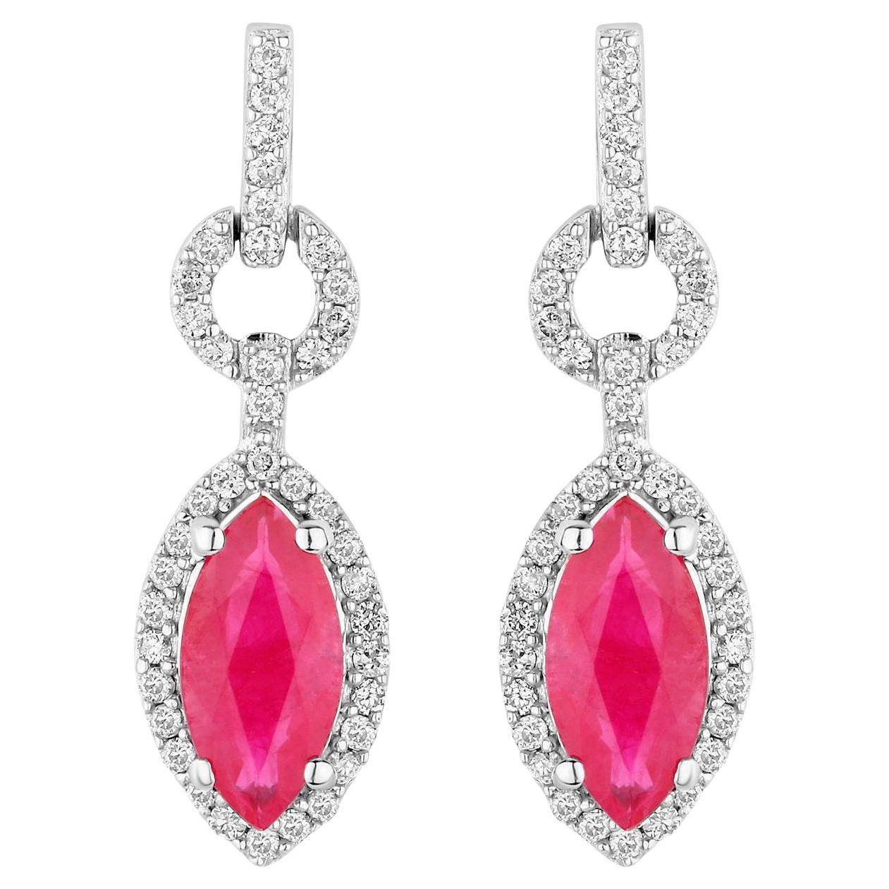Ruby Earrings Diamonds 1.2 Carats 14K White Gold