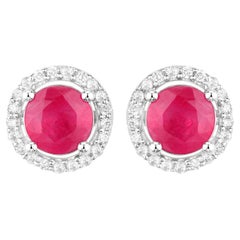 Ruby Earrings Diamonds 1.2 Carats 14K White Gold