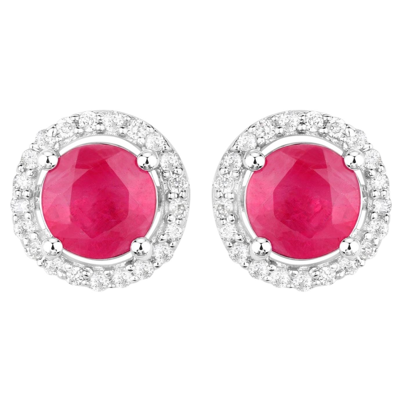 Ruby Earrings Diamonds 1.2 Carats 14K White Gold For Sale