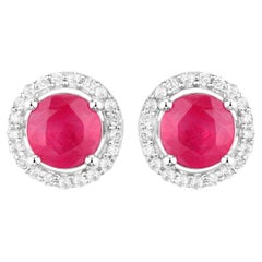 Ruby Earrings Diamonds 1.2 Carats 14K White Gold
