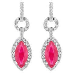 Ruby Earrings Diamonds 1.2 Carats 14K White Gold