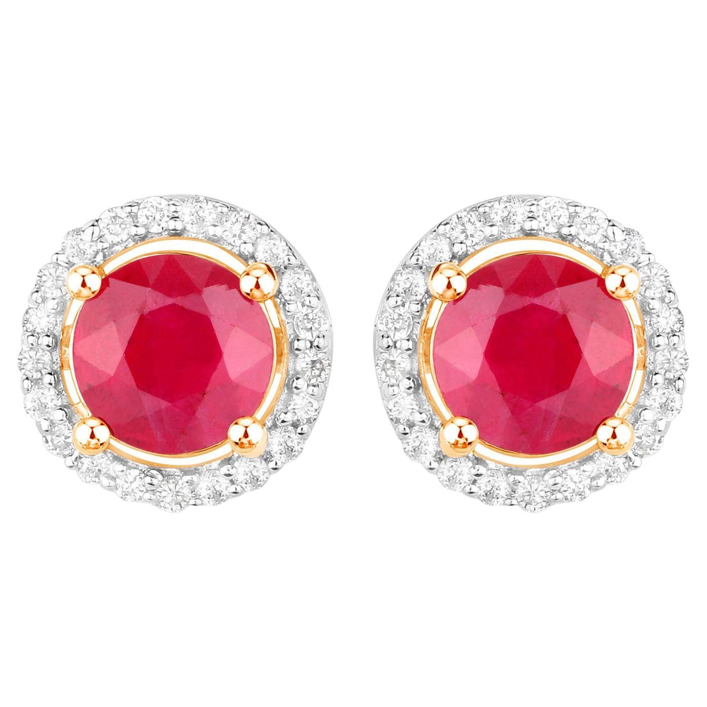 Ruby Earrings Diamonds 1.2 Carats 14K Yellow Gold