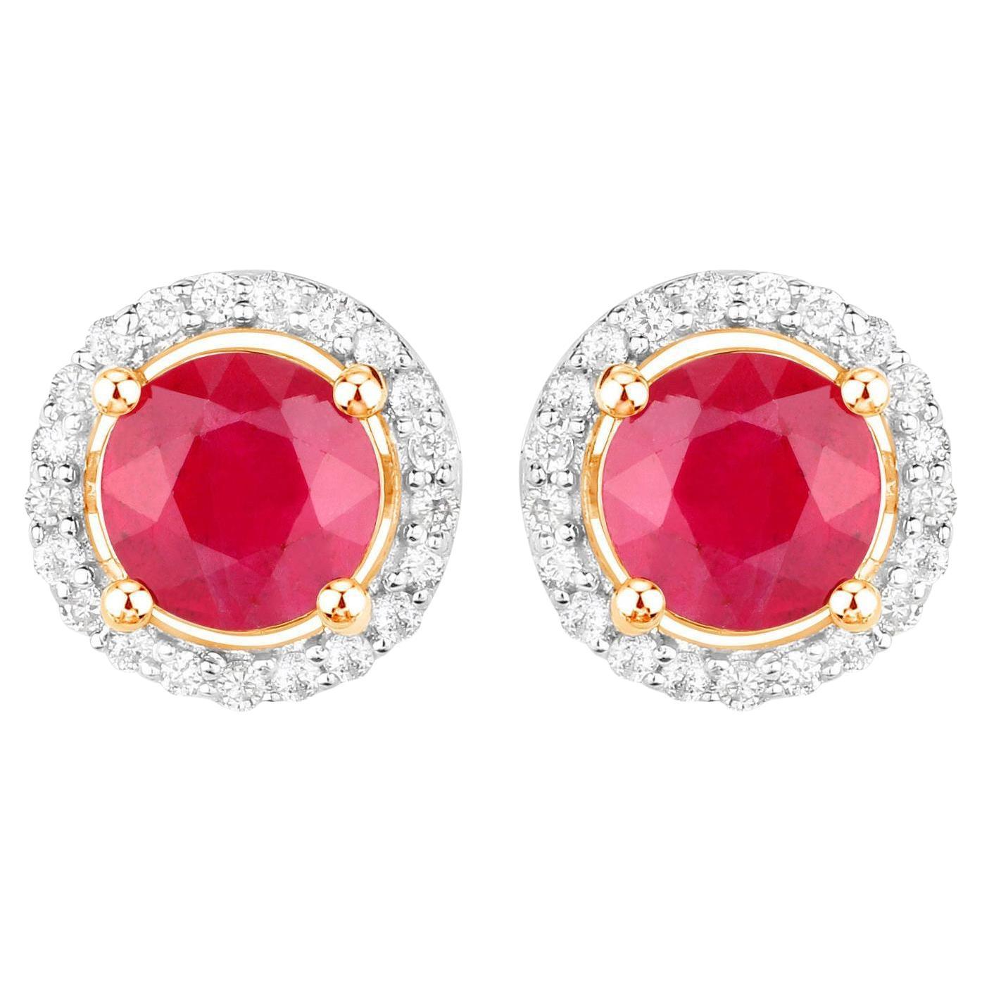Ruby Earrings Diamonds 1.2 Carats 14K Yellow Gold