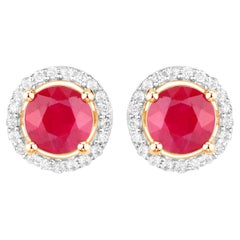 Ruby Earrings Diamonds 1.2 Carats 14K Yellow Gold