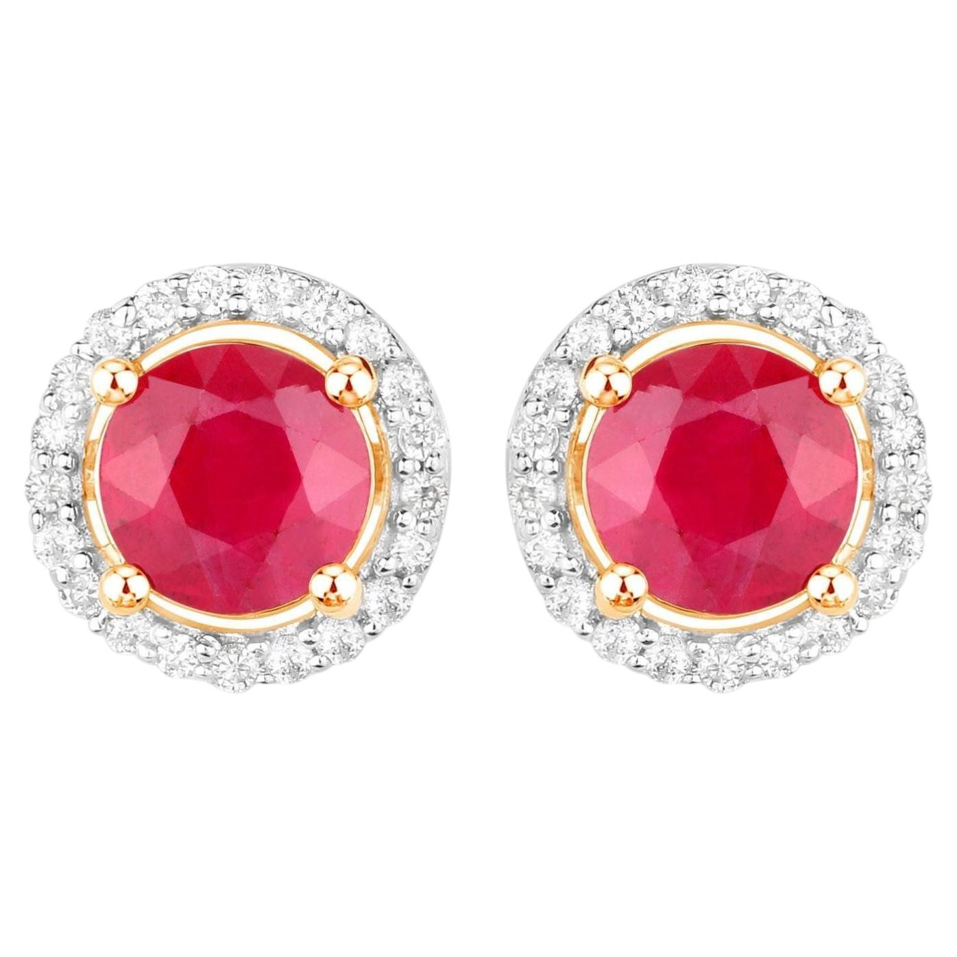 Ruby Earrings Diamonds 1.2 Carats 14K Yellow Gold For Sale