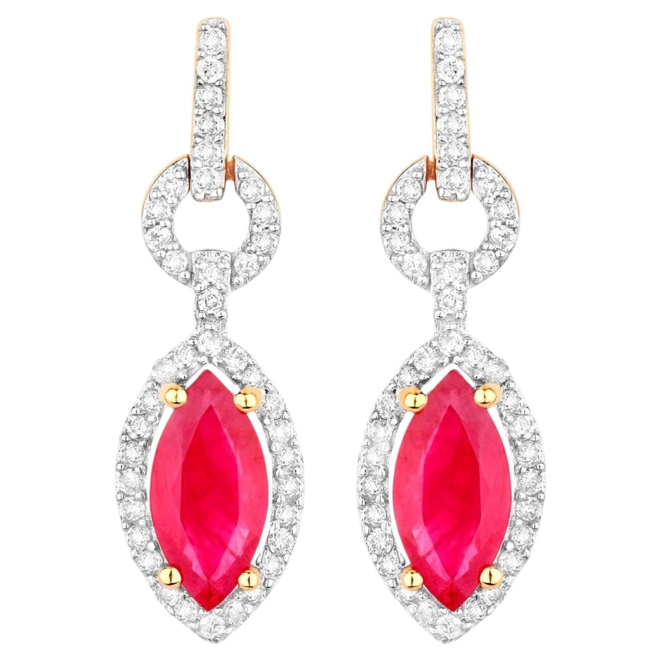 Ruby Earrings Diamonds 1.2 Carats 14K Yellow Gold