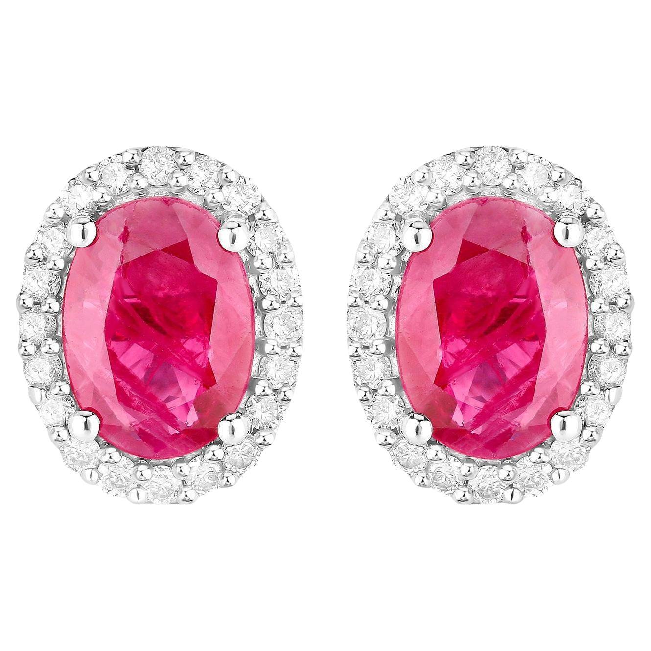 Ruby Earrings Diamonds 1.95 Carats 14K White Gold For Sale