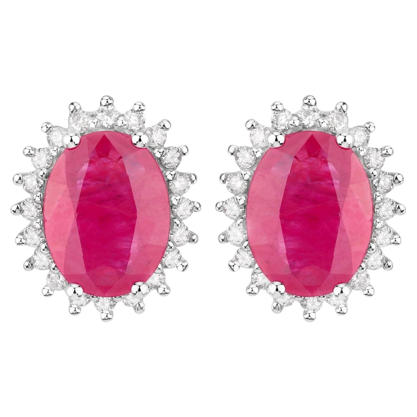 Ruby Earrings Diamonds 3.12 Carats 14K White Gold For Sale