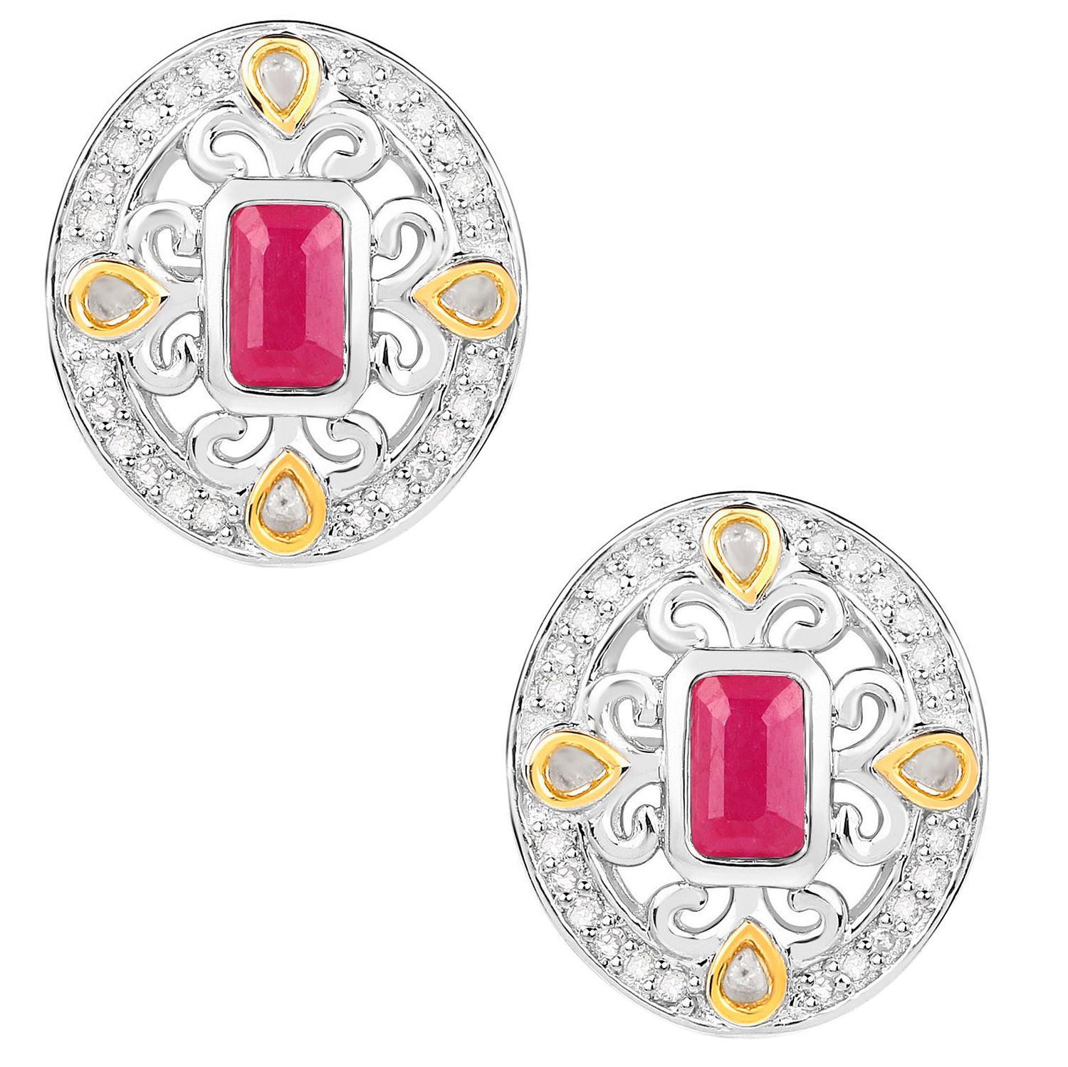Contemporain Boucles d'oreilles rubis Halo Diamants 0.7 Carats Argent plaqué or jaune 18K en vente